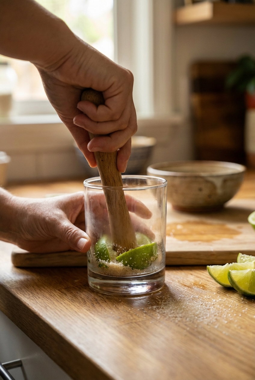 A real photo of hands muddling lime wedges with sugar in a clear rocks glass on a kitchen counter