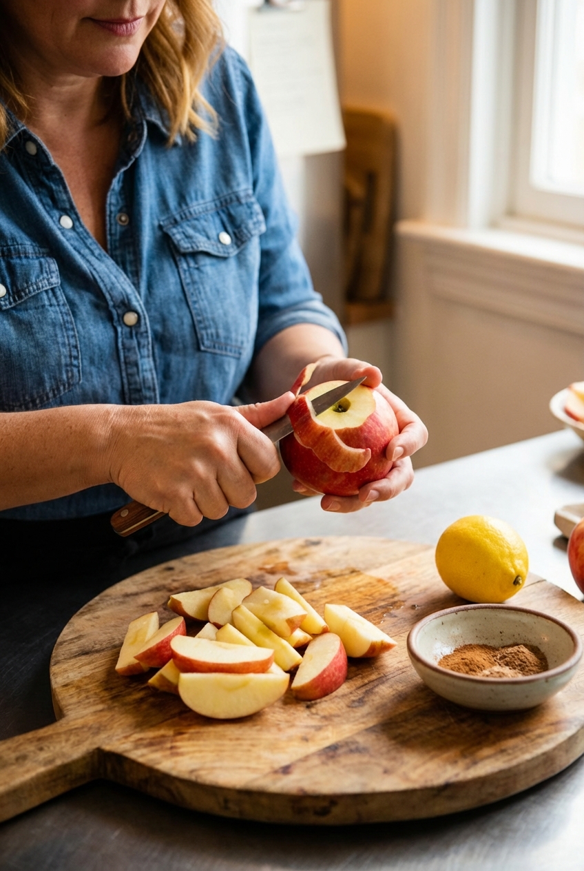 A real photo of hands peeling and slicing apples on a wooden cutting board with a lemon and a small bowl of spices nearby