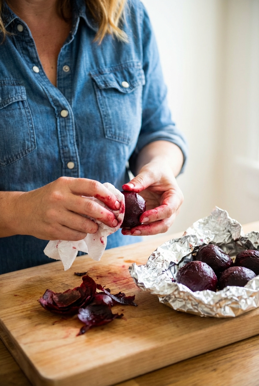 A real photo of hands peeling roasted beets with a paper towel on a cutting board next to a foil packet