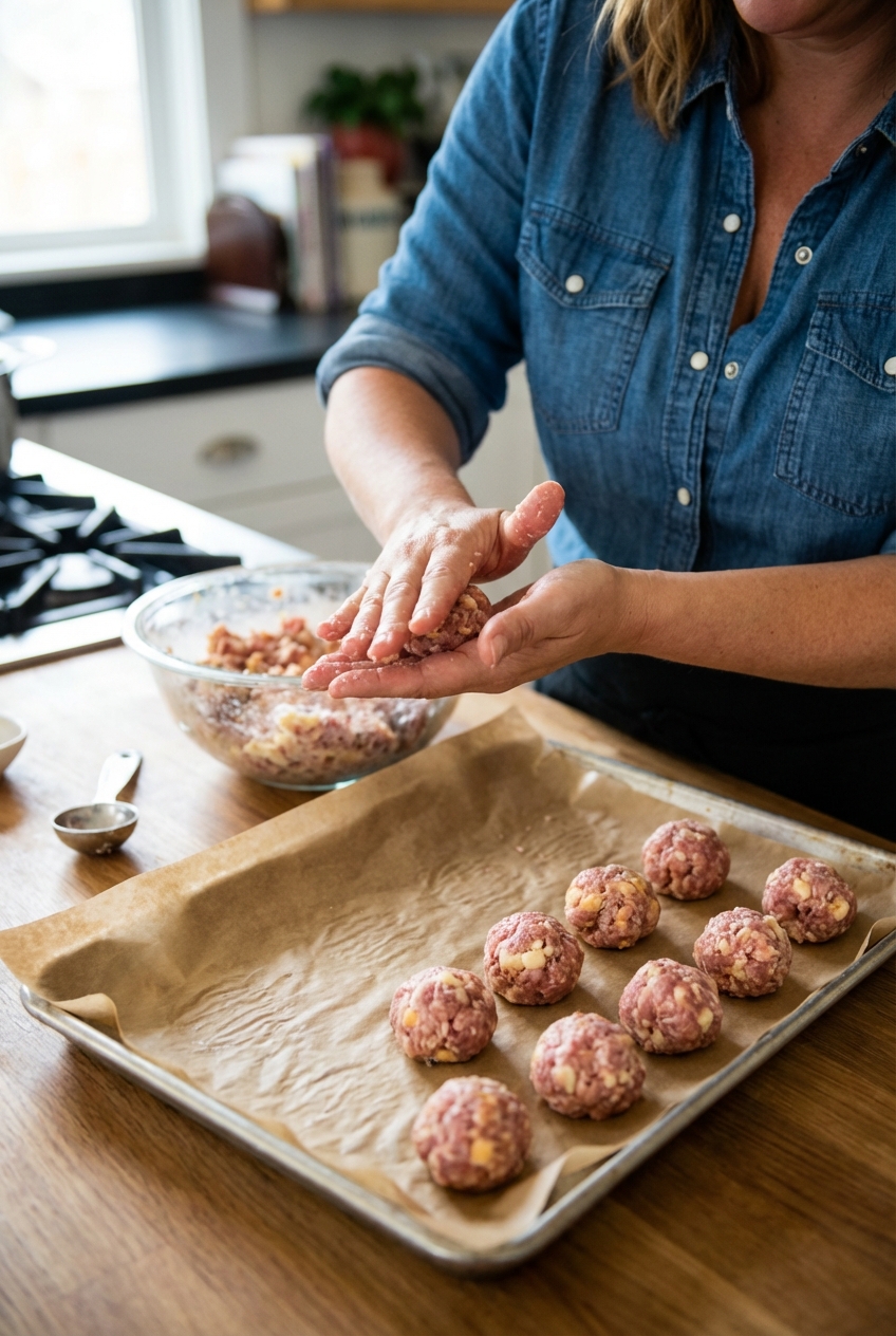 A real photo of hands rolling sausage ball mixture into small balls on a parchment-lined baking sheet