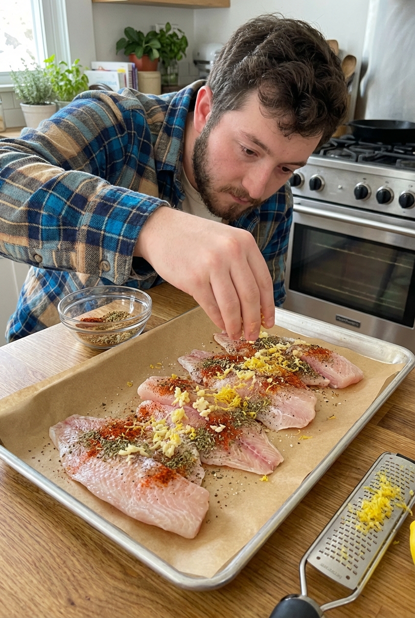 A real photo of hands seasoning raw tilapia fillets on a parchment-lined sheet pan with lemon zest, garlic, and spices