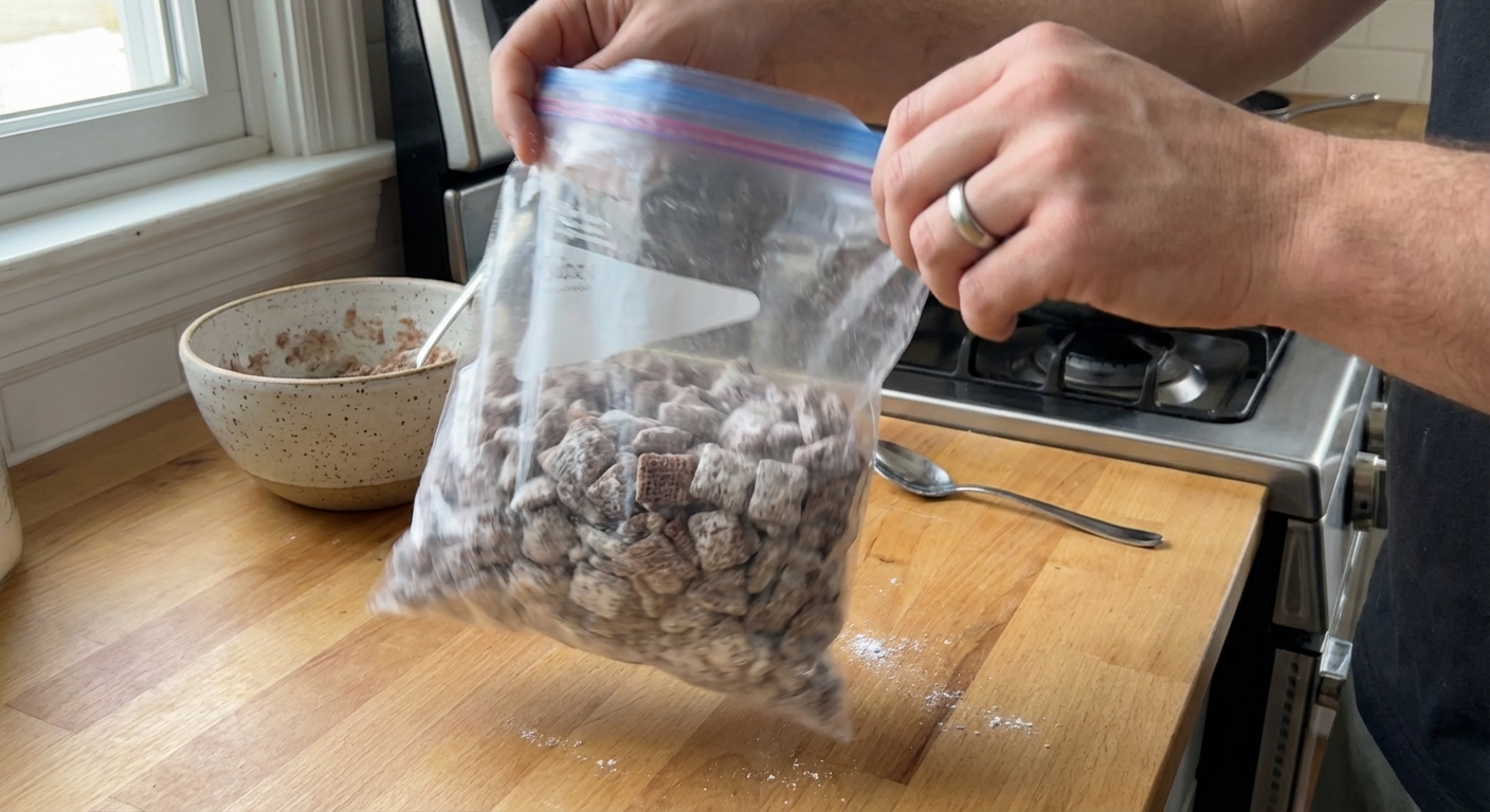 A real photo of hands shaking muddy buddies in a large zip-top bag on a kitchen counter
