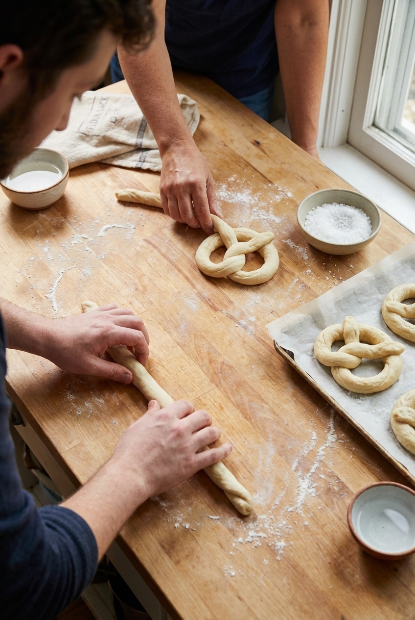 A real photo of hands shaping pretzel dough into ropes on a lightly floured wooden counter