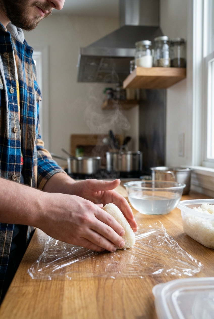 A real photo of hands shaping warm rice into an onigiri triangle over a sheet of plastic wrap on a kitchen counter