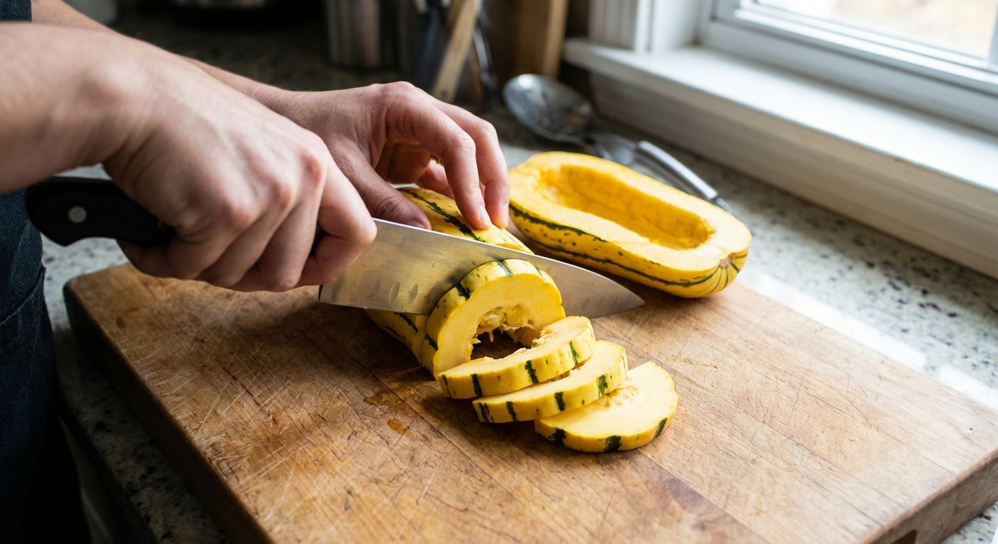 A real photo of hands slicing a delicata squash into half-moons on a wooden cutting board with a chef's knife