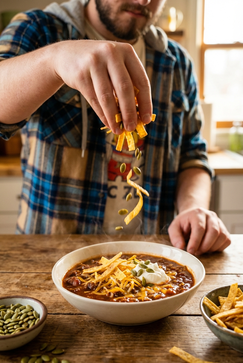 A real photo of hands sprinkling crispy tortilla strips and pepitas over a bowl of chili