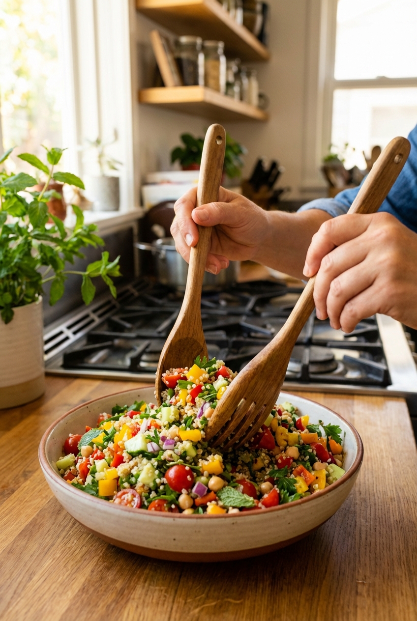 A real photo of hands tossing quinoa salad in a large bowl with a wooden spoon, showing colorful vegetables and herbs