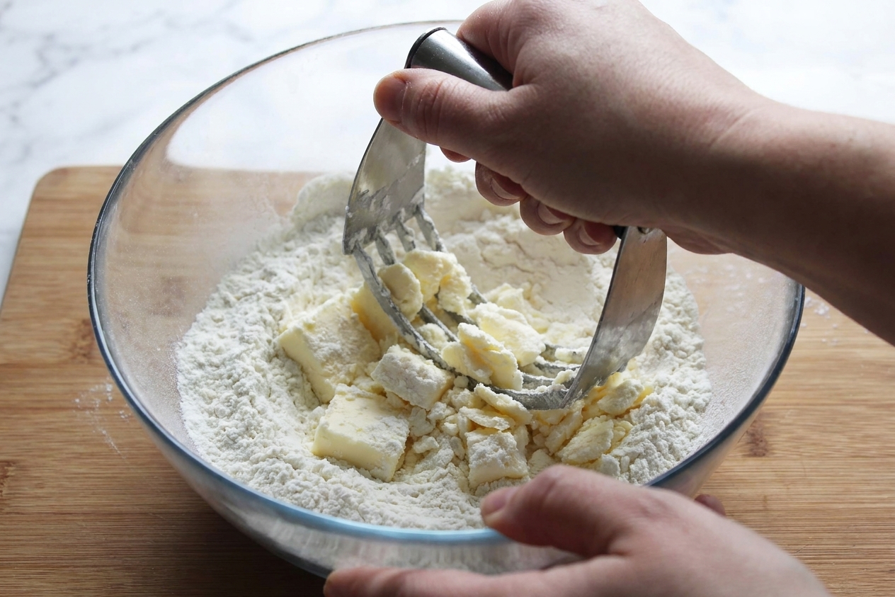 A real photo of hands using a pastry cutter to cut cold butter into flour in a large mixing bowl on a kitchen counter
