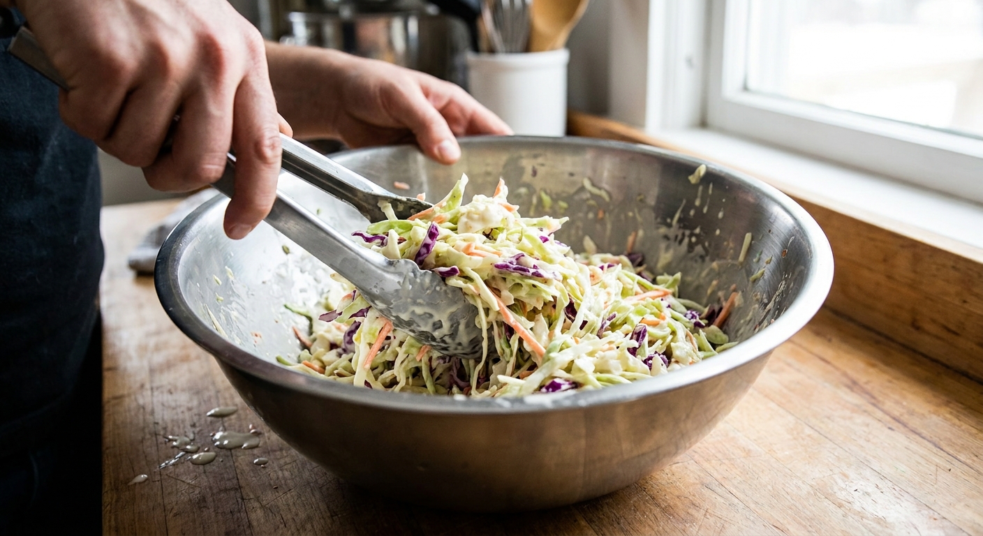 A real photo of hands using kitchen tongs to toss creamy coleslaw in a large stainless steel mixing bowl, dressing coating the cabbage
