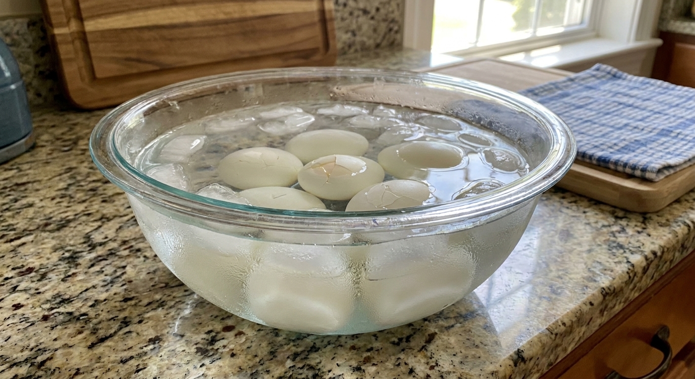 A real photo of hard boiled eggs sitting in a bowl of ice water on a kitchen counter, ready to peel