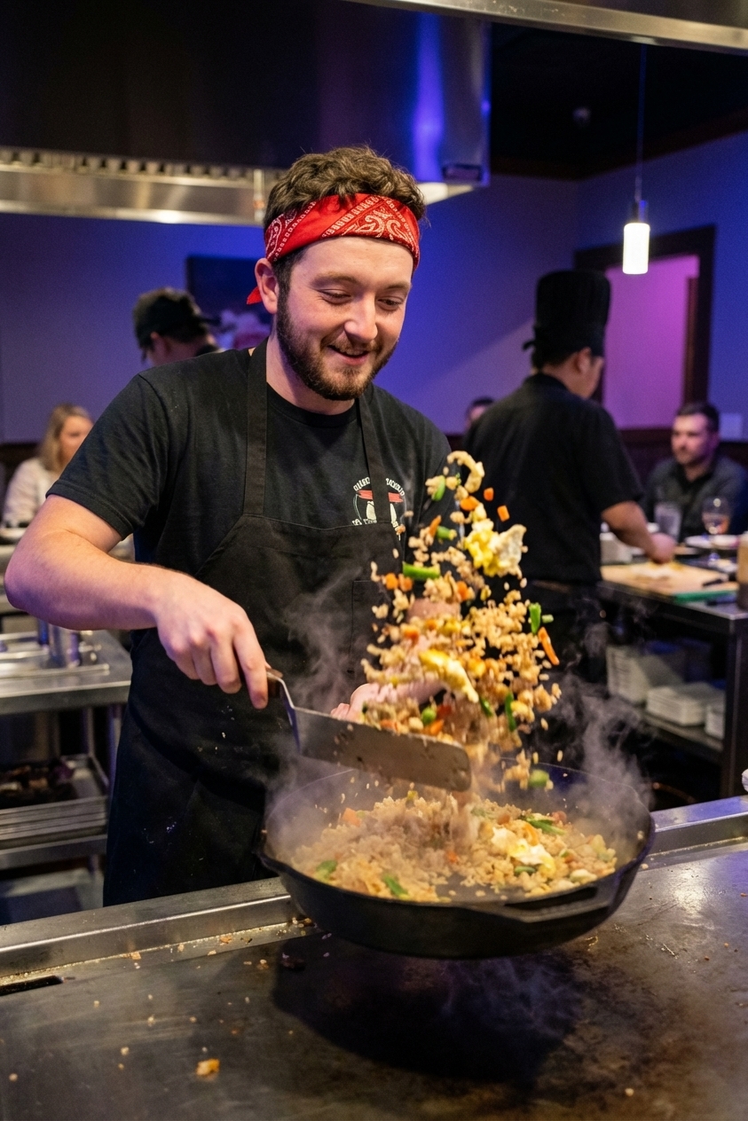 A real photo of hibachi fried rice being tossed in a hot skillet with a spatula