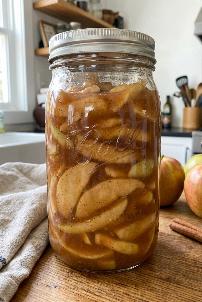 A real photo of homemade apple pie filling in a glass container with a tight-fitting lid on a kitchen counter