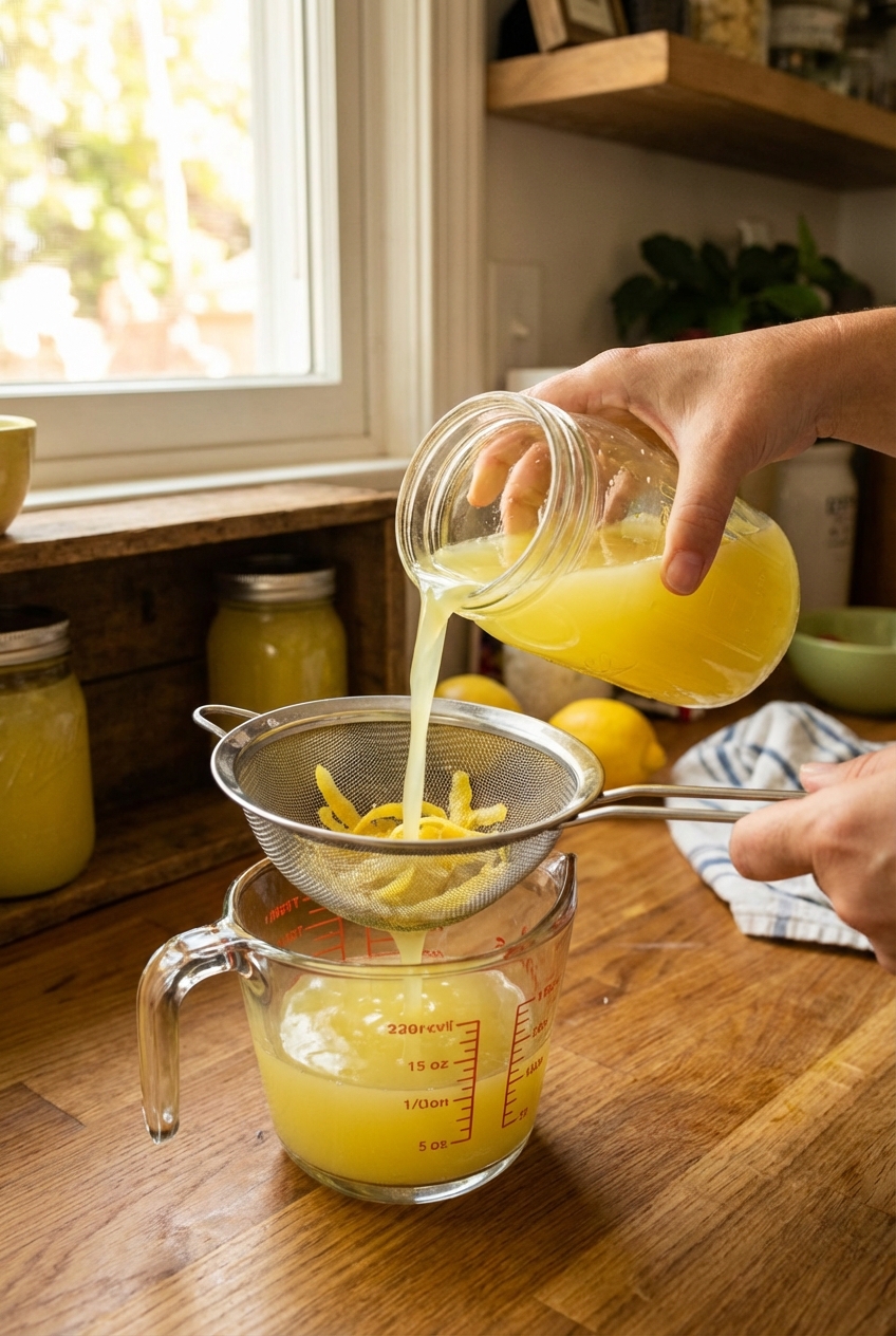 A real photo of homemade limoncello being strained through a fine mesh strainer into a glass measuring cup on a kitchen counter