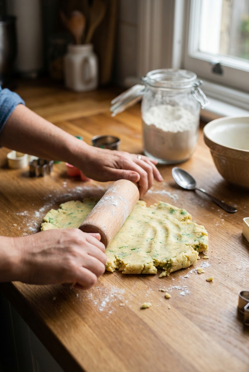 A real photo of homemade playdough being rolled with a small wooden rolling pin