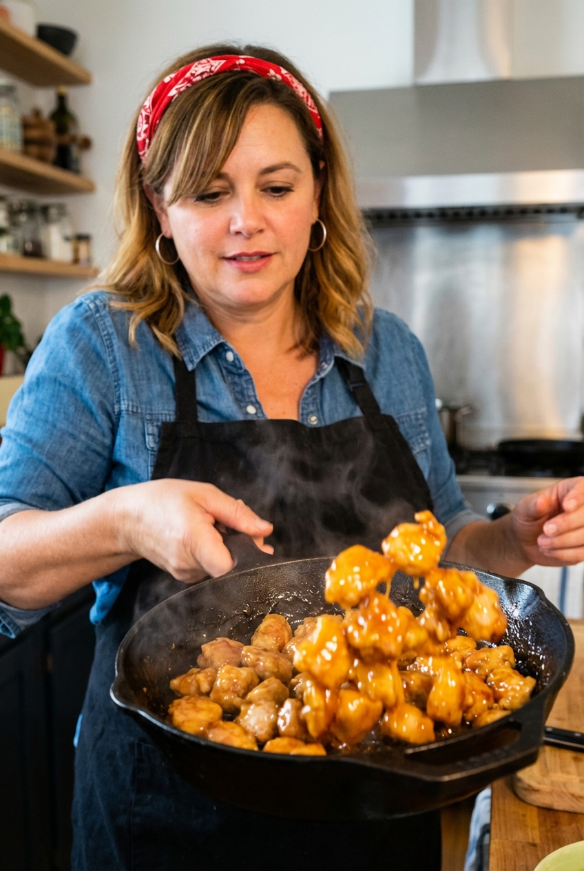 A real photo of honey chicken being tossed in a glossy orange honey glaze in a skillet