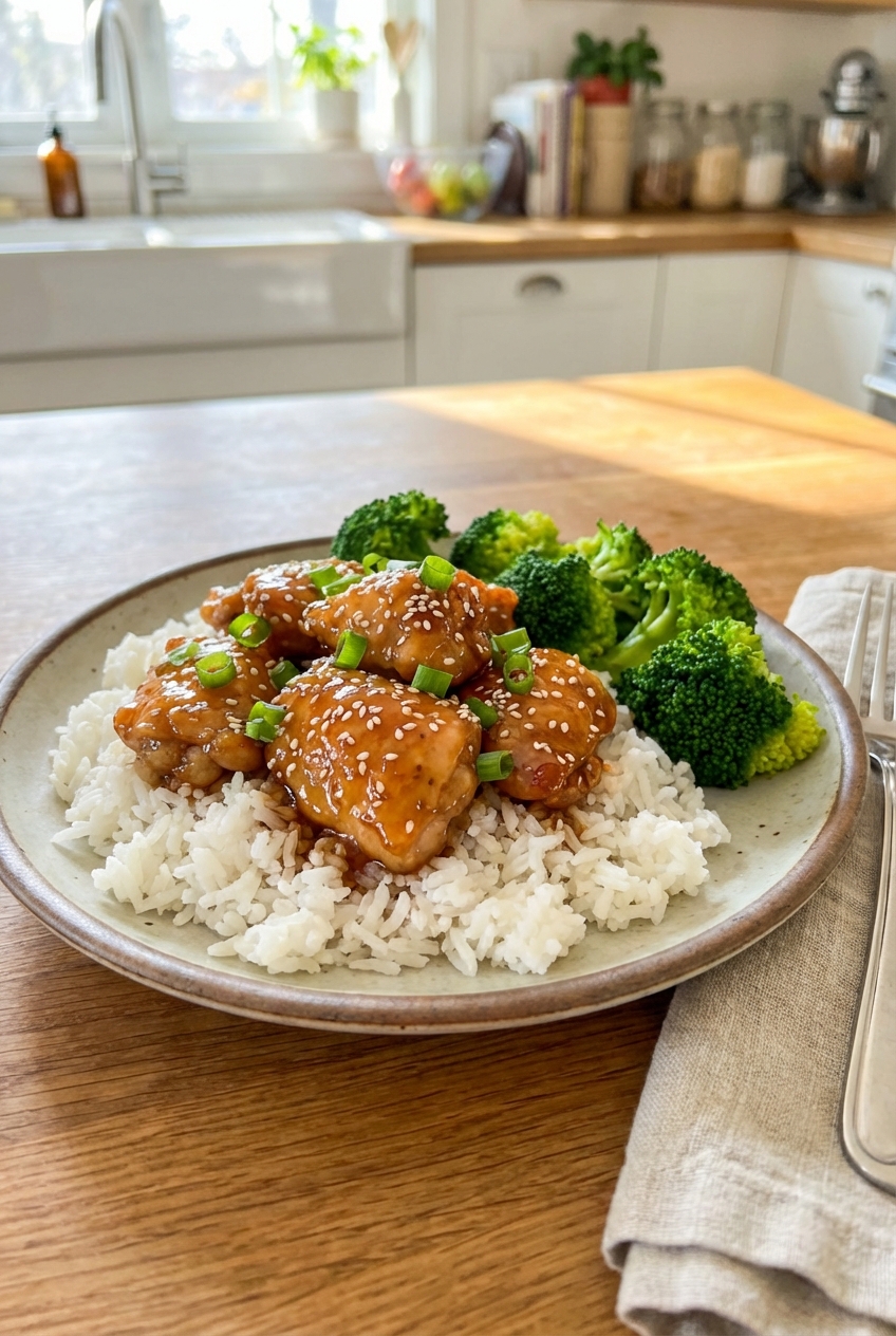 A real photo of honey chicken served over steamed rice with broccoli on the side