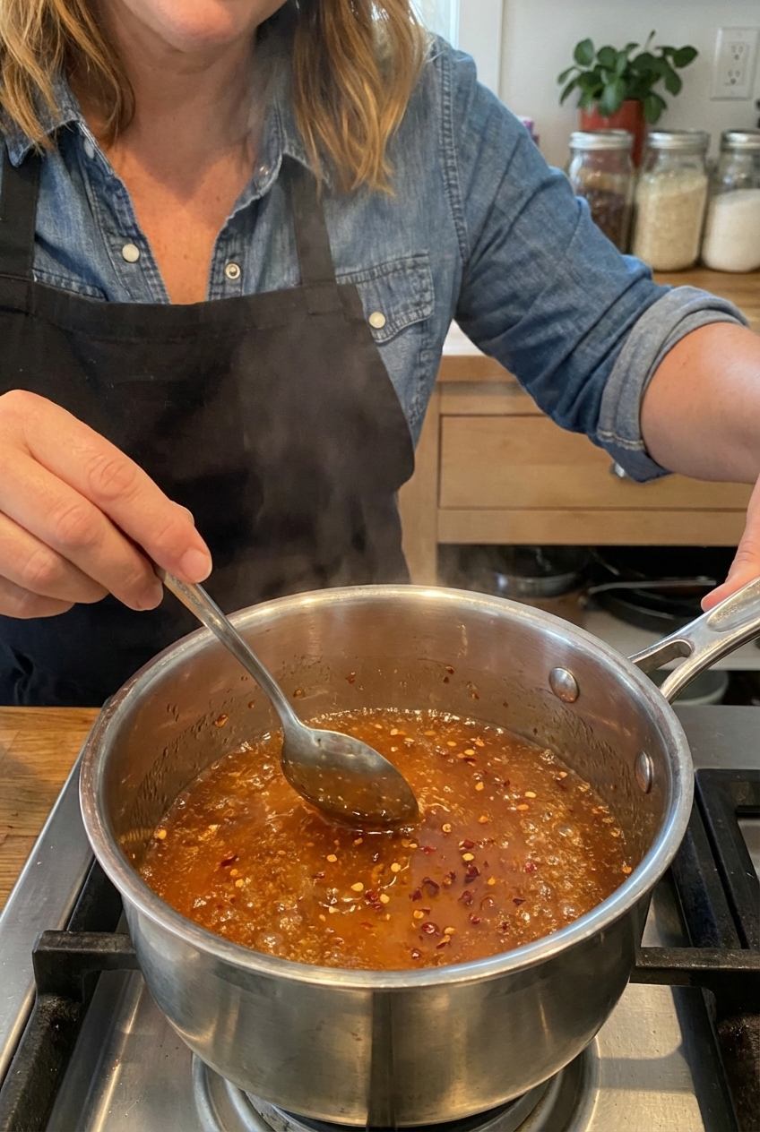 A real photo of hot honey glaze bubbling gently in a small saucepan with a spoon