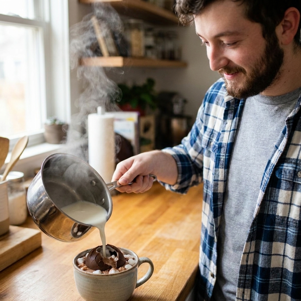 A real photo of hot milk being poured from a small saucepan into a mug with a chocolate bomb inside, the shell starting to crack open