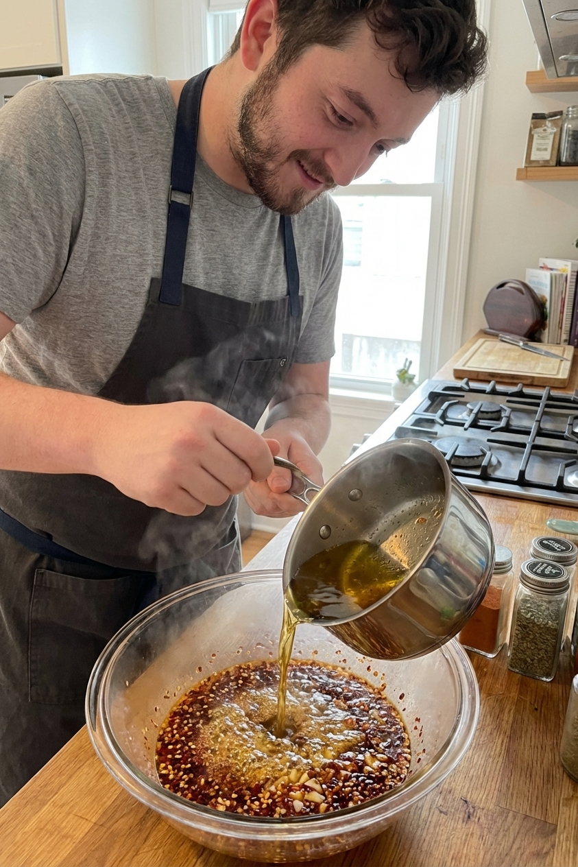 A real photo of hot oil being poured from a small saucepan into a heatproof bowl of red chili flakes and spices, bubbling as it blooms