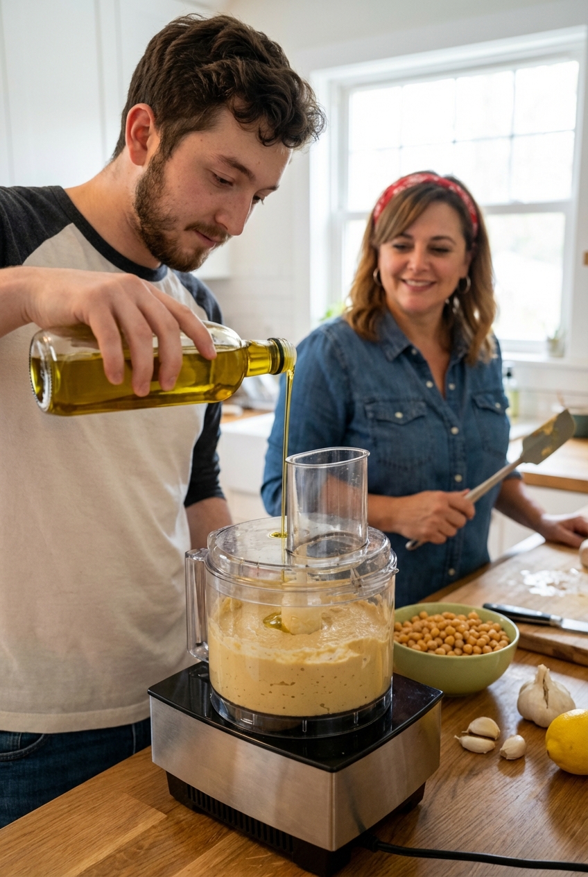 A real photo of hummus being blended in a food processor with a stream of olive oil pouring in