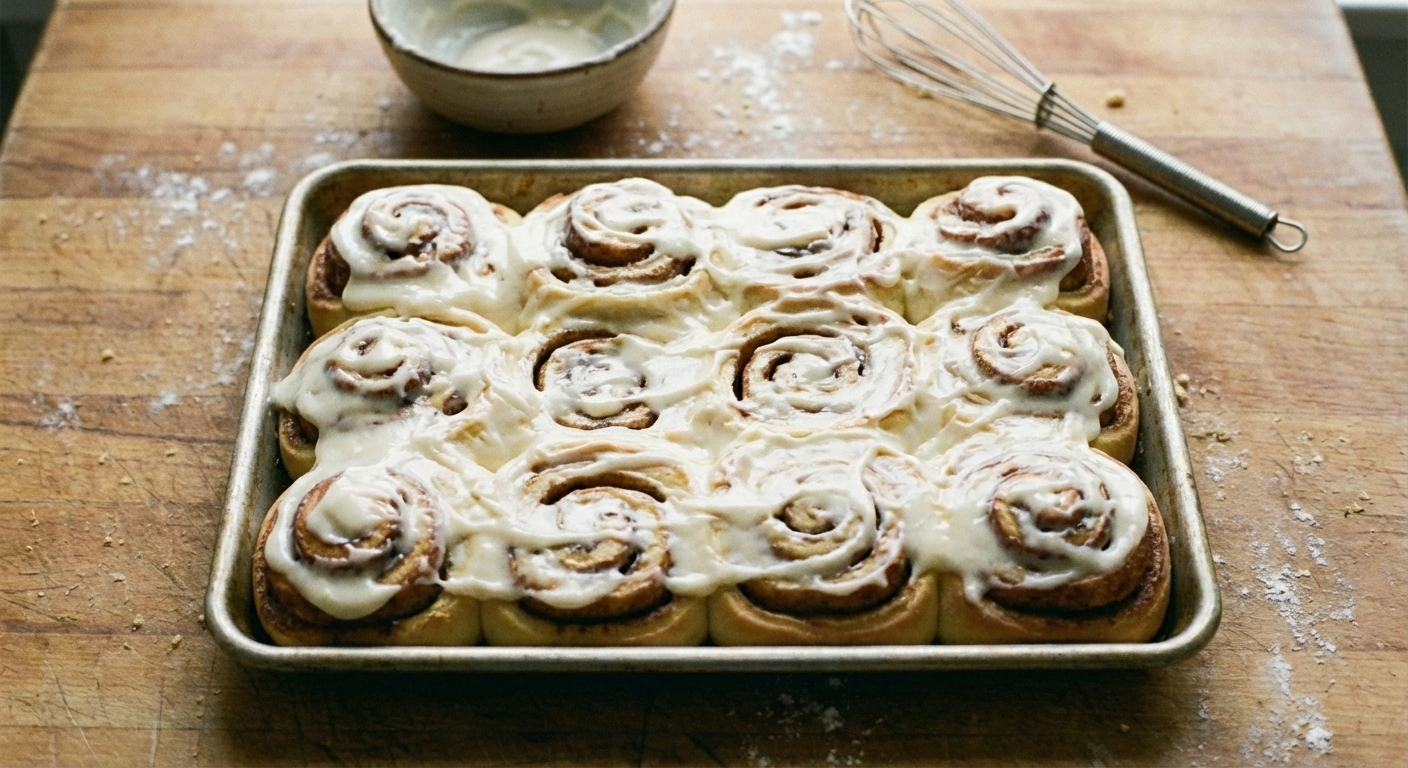 A real photo of iced cinnamon rolls in a baking pan on a table