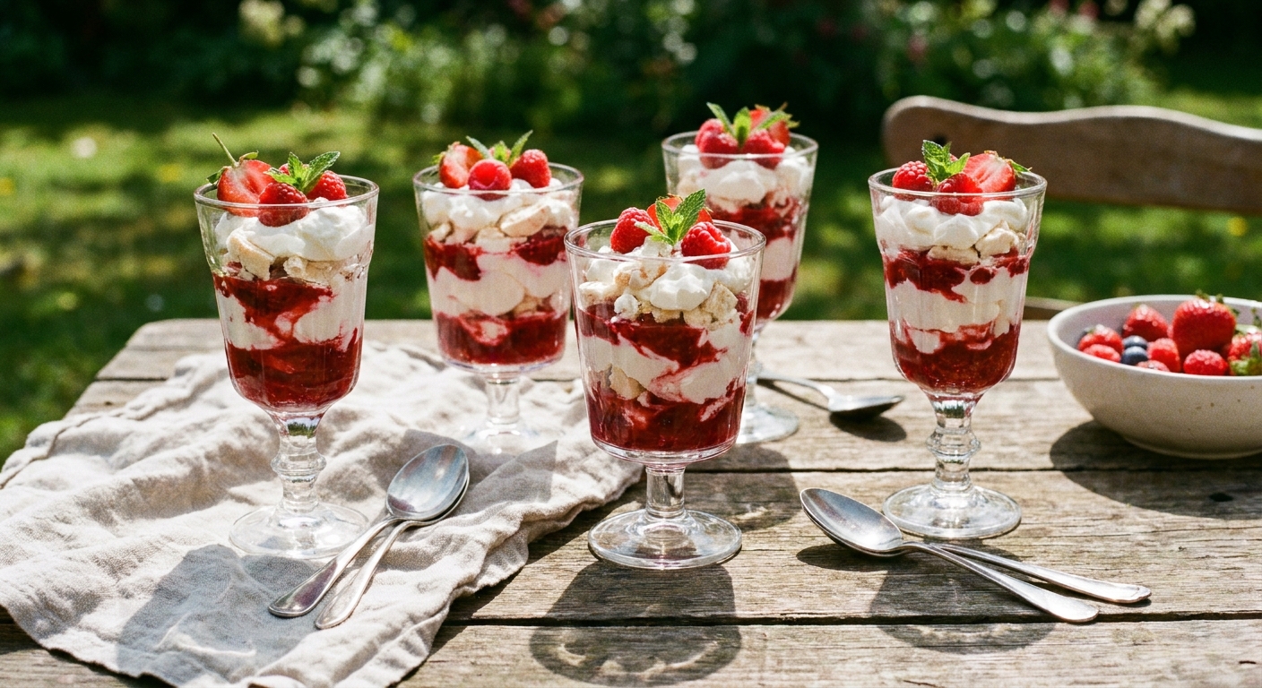 A real photo of individual glasses of Eton mess with layers of whipped cream, berry sauce, and crisp meringue pieces on an outdoor table