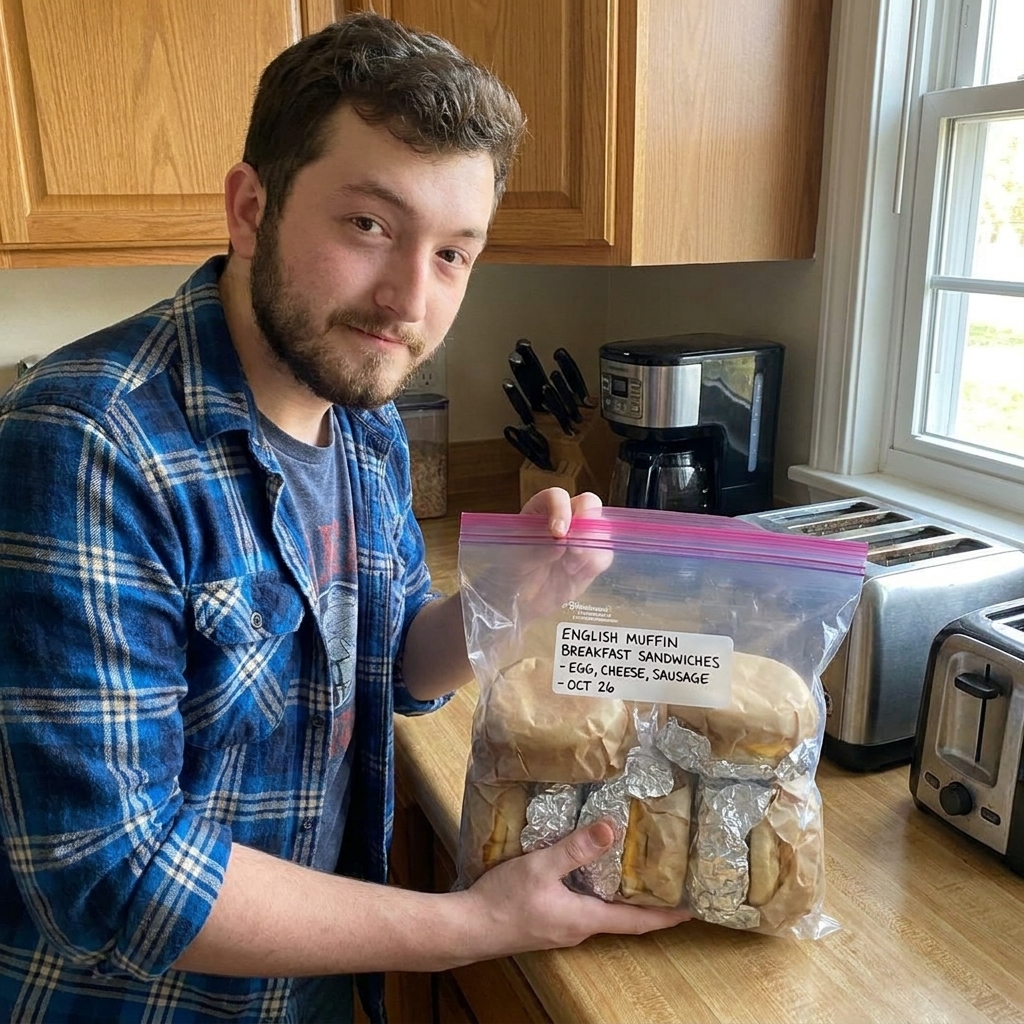 A real photo of individually wrapped English muffin breakfast sandwiches in parchment and foil, stacked inside a labeled freezer bag on a kitchen counter