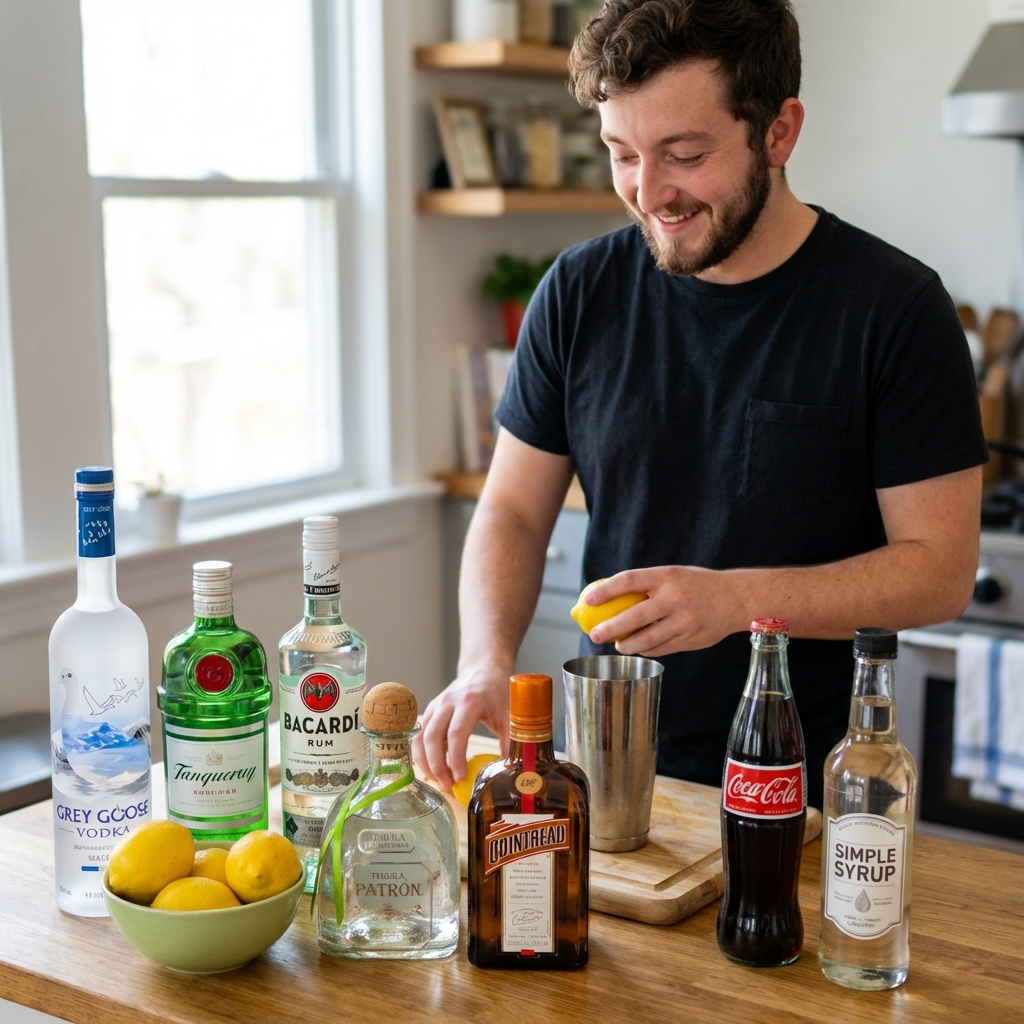 A real photo of ingredients for a Long Island Iced Tea laid out on a kitchen counter including bottles of clear spirits, triple sec, lemons, simple syrup, cola, and a cocktail shaker