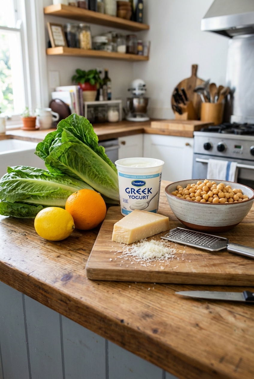A real photo of ingredients on a counter including romaine hearts, lemon, orange, Greek yogurt, Parmesan, and chickpeas