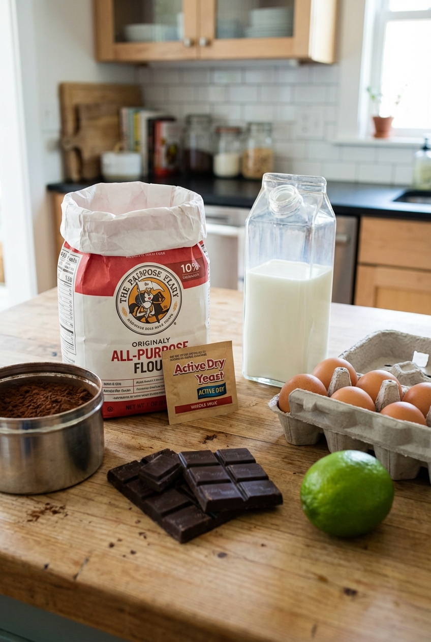 A real photo of ingredients on a kitchen counter including flour, yeast packet, milk, eggs, cocoa powder, dark chocolate, and a lime
