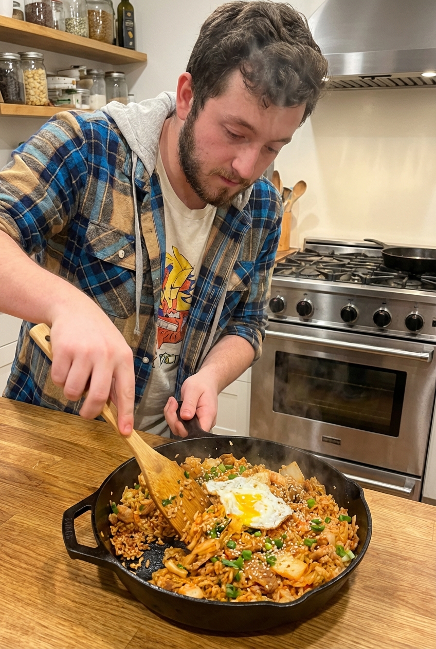 A real photo of kimchi fried rice in a skillet being stirred with a spatula, showing crispy browned rice bits