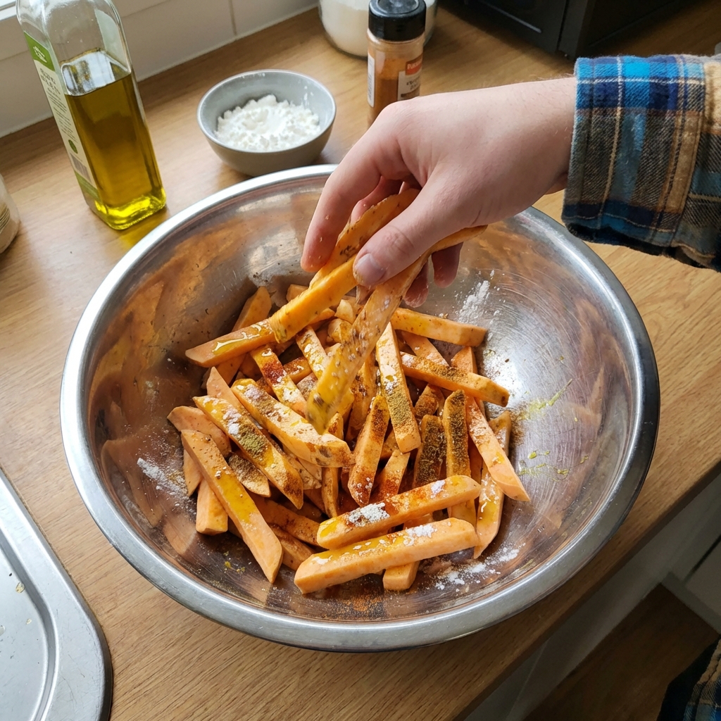 A real photo of kumara fries being tossed in a mixing bowl with olive oil, cornstarch, and savory spices