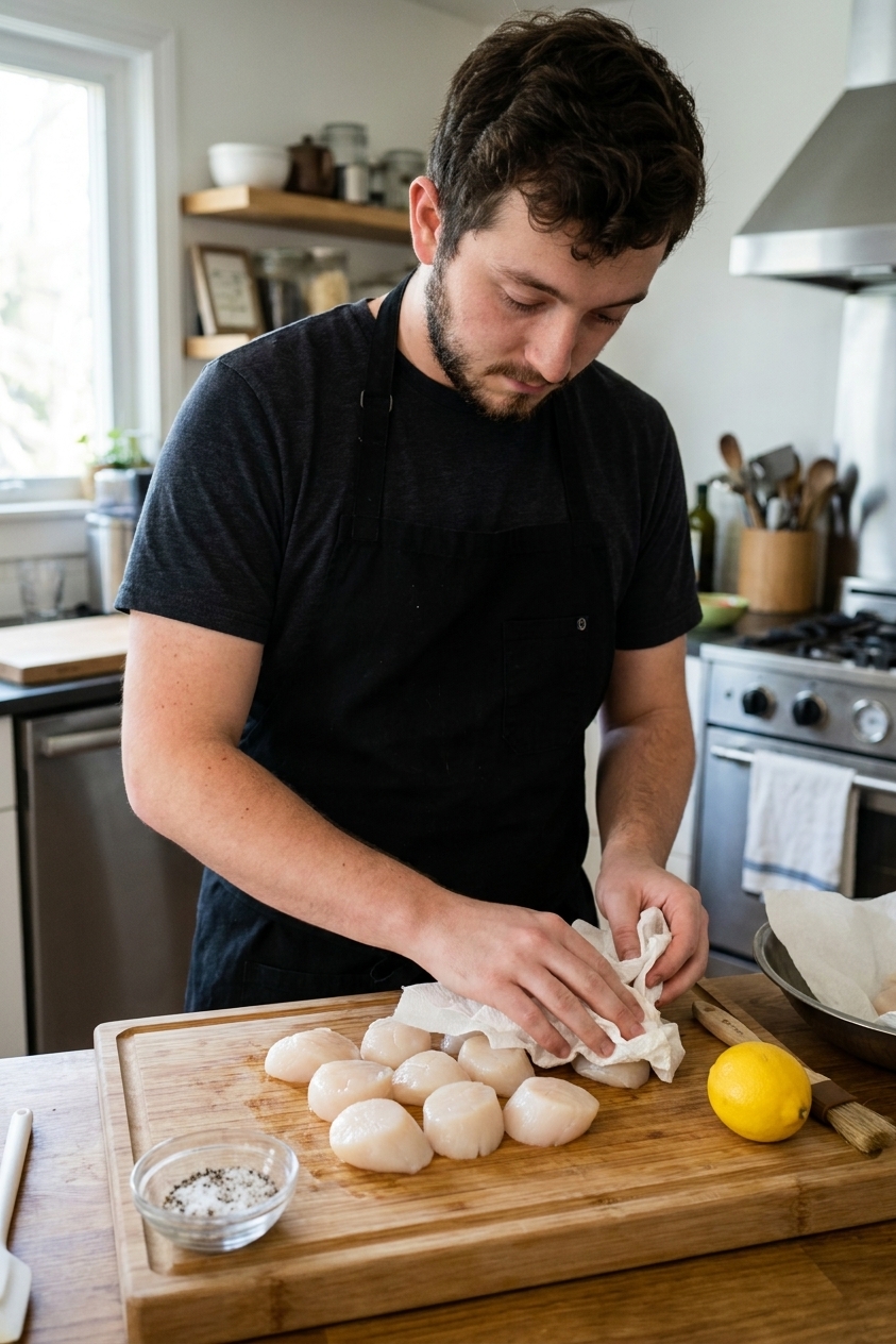 A real photo of large raw sea scallops patted dry on paper towels on a cutting board, ready for seasoning