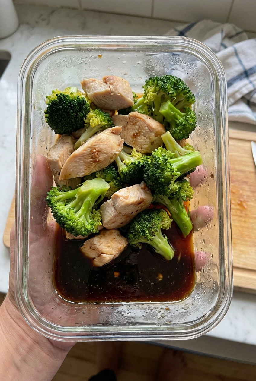 A real photo of leftover chicken and broccoli in a glass meal prep container with sauce pooled at the bottom