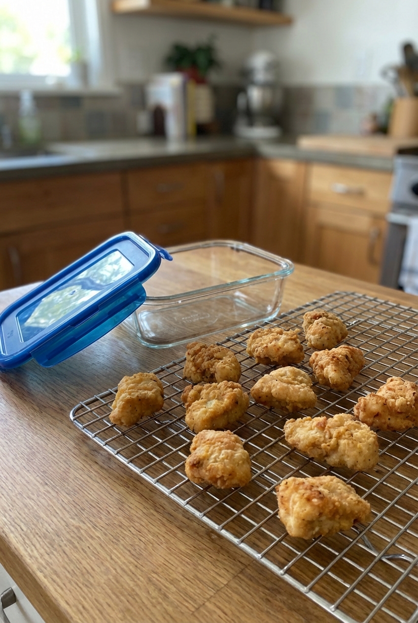A real photo of leftover chicken bites cooling on a wire rack beside a glass storage container