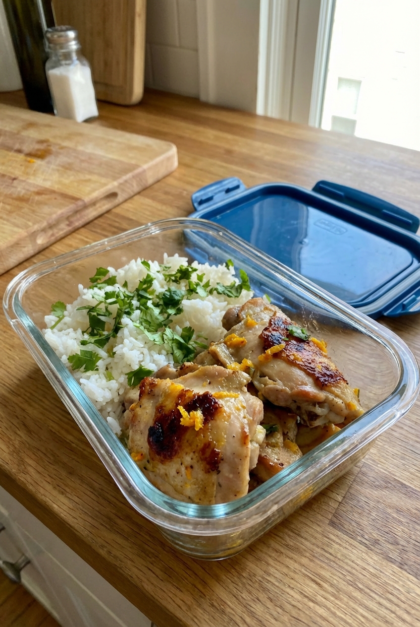 A real photo of leftover citrus chicken in a glass meal prep container with rice and cilantro