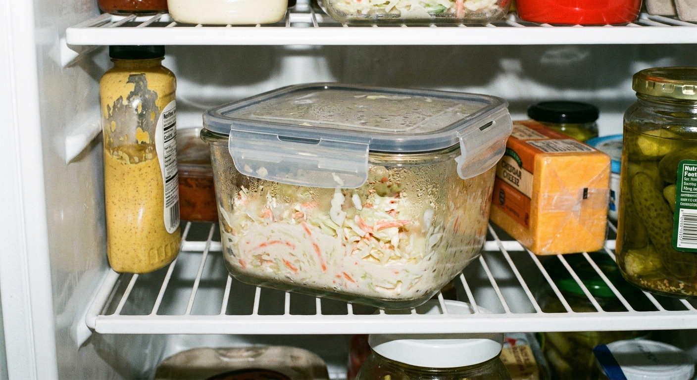 A real photo of leftover creamy coleslaw stored in a clear airtight container on a refrigerator shelf