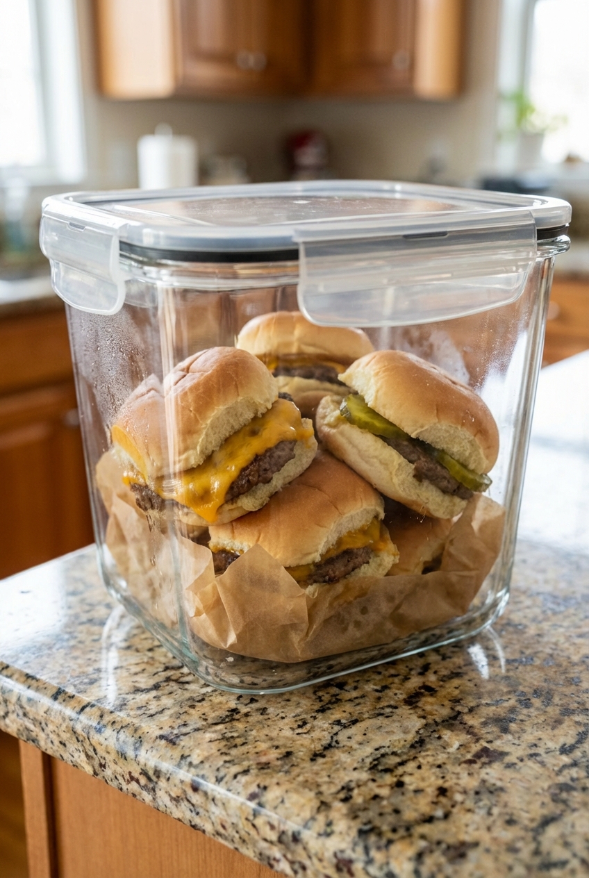 A real photo of leftover sliders stored in an airtight container lined with parchment on a countertop