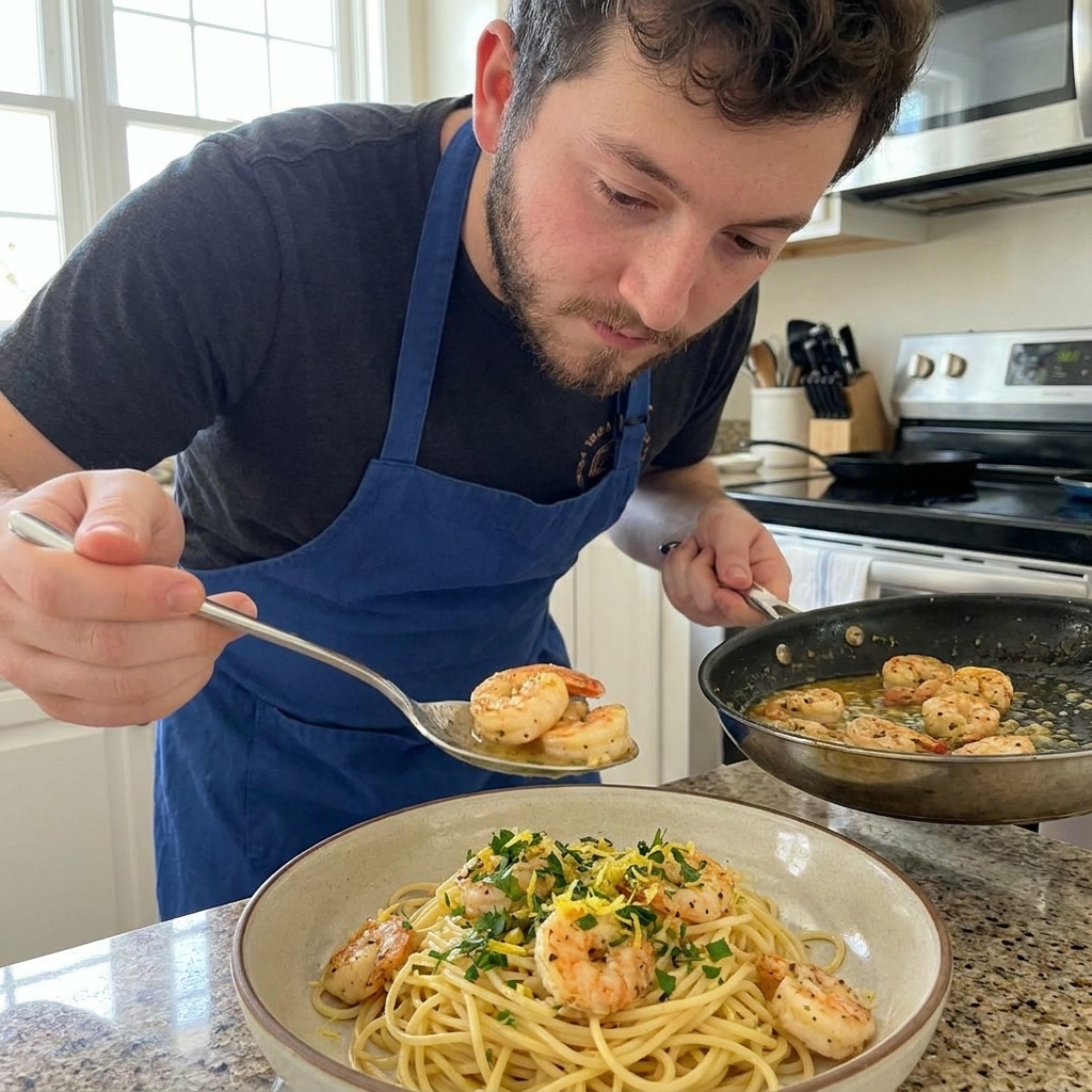 A real photo of lemon pepper butter shrimp spooned over spaghetti in a shallow bowl with chopped parsley and lemon zest on top