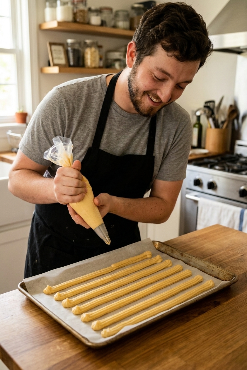 A real photo of long, evenly piped choux pastry strips on parchment paper before baking