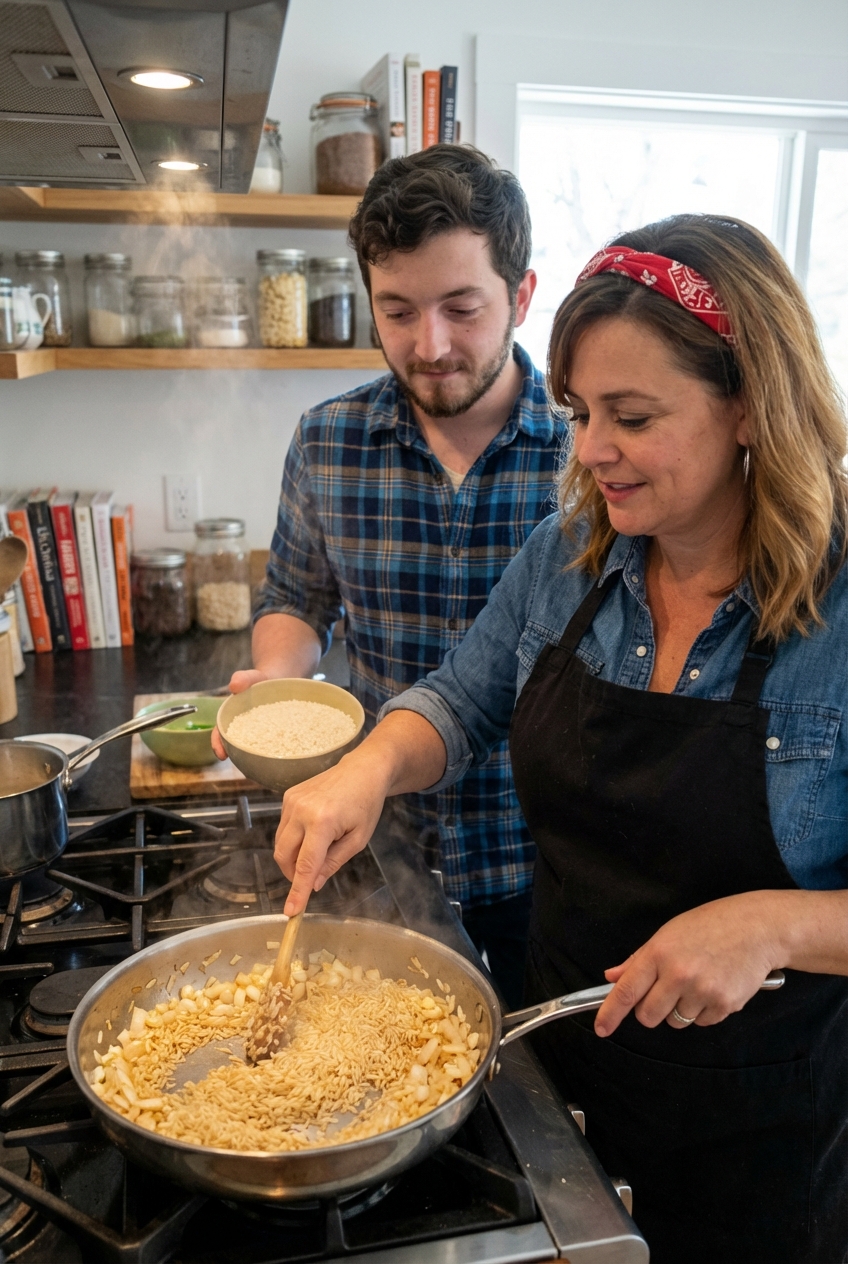 A real photo of long-grain rice toasting in a pan with onions and garlic, turning lightly golden