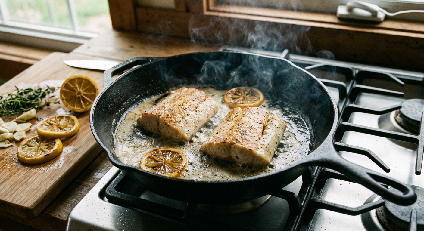 A real photo of mahi mahi fillets searing in a cast iron skillet with bubbling butter and sliced lemon nearby
