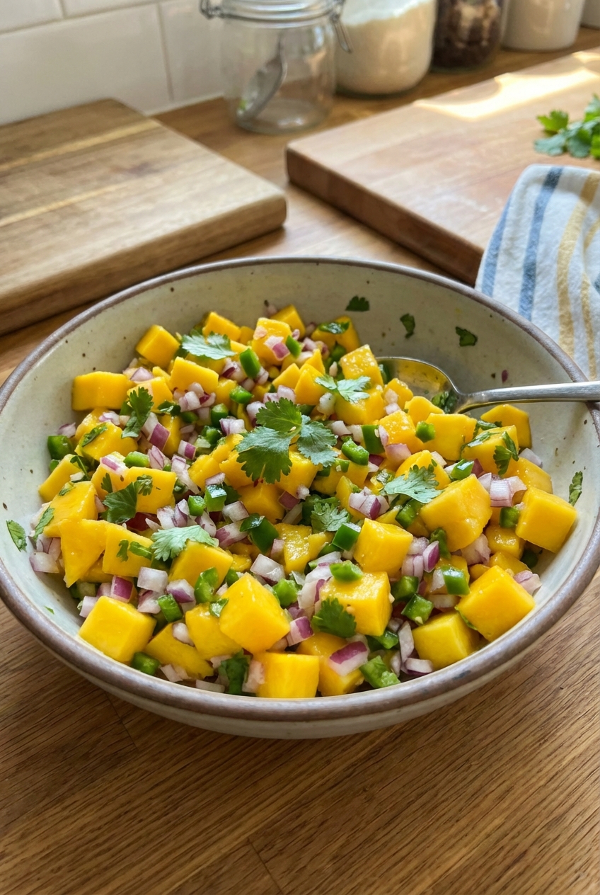 A real photo of mango salsa in a bowl with diced mango, red onion, jalapeno, and cilantro