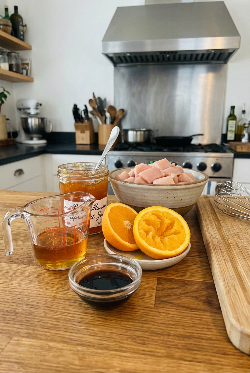 A real photo of measured ingredients for honey chicken on a kitchen counter including honey, orange, jam, soy sauce, and chicken