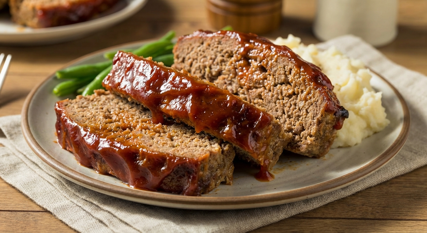 A real photo of meatloaf slices with glossy ketchup glaze on a plate