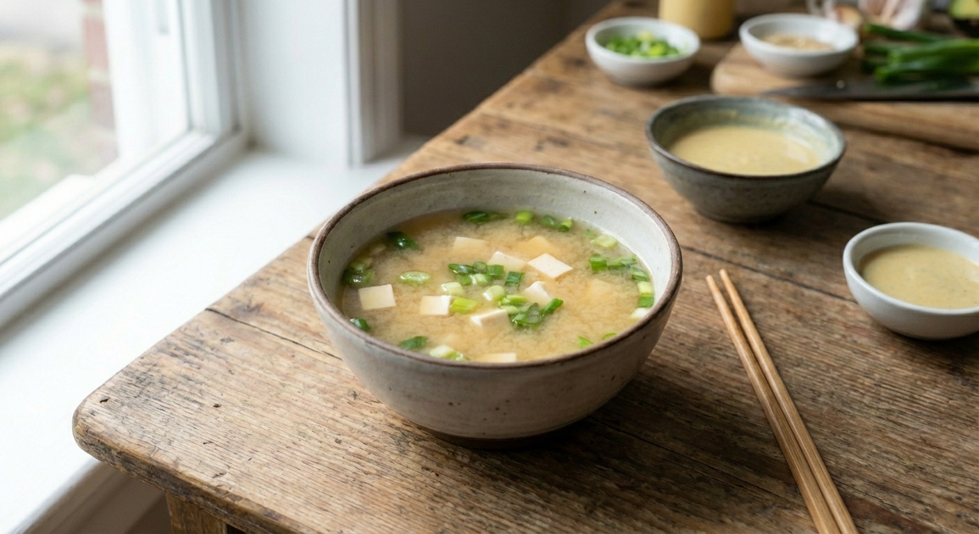 A real photo of miso soup in a small bowl with tofu cubes and scallions
