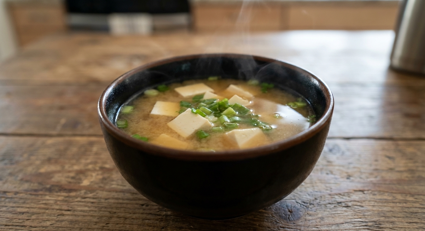 A real photo of miso soup in a small bowl with tofu cubes and green onion