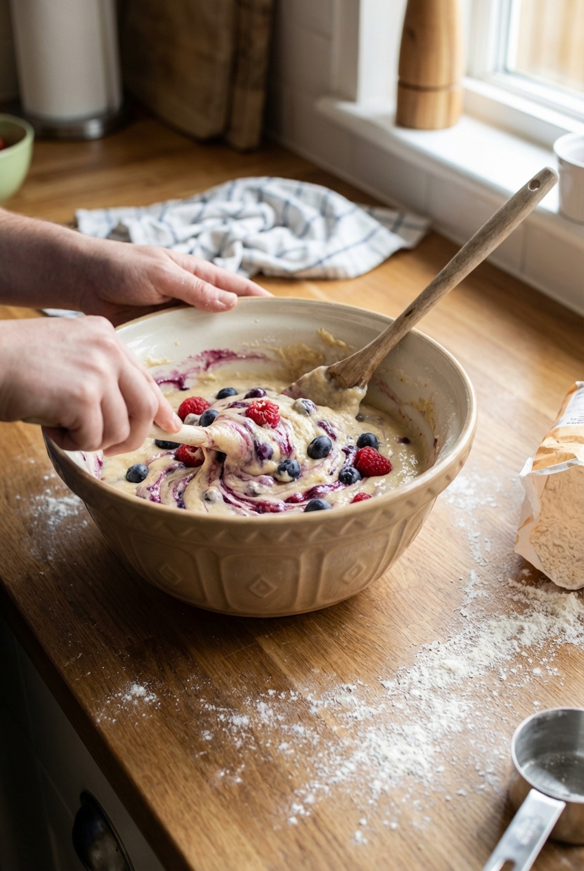 A real photo of muffin batter being folded with berries in a mixing bowl on a countertop, with a wooden spoon and flour nearby
