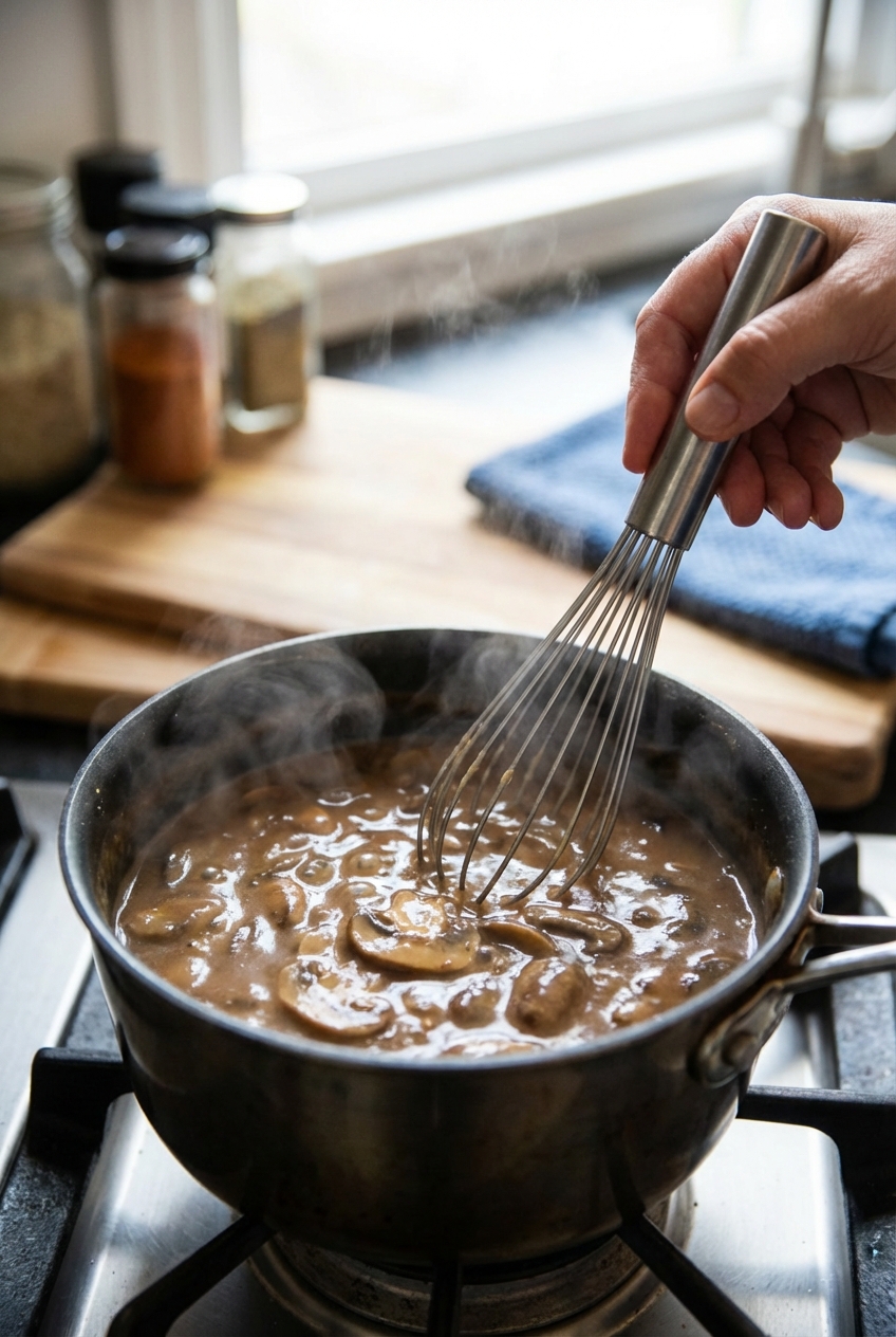 A real photo of mushroom gravy in a small saucepan with a whisk