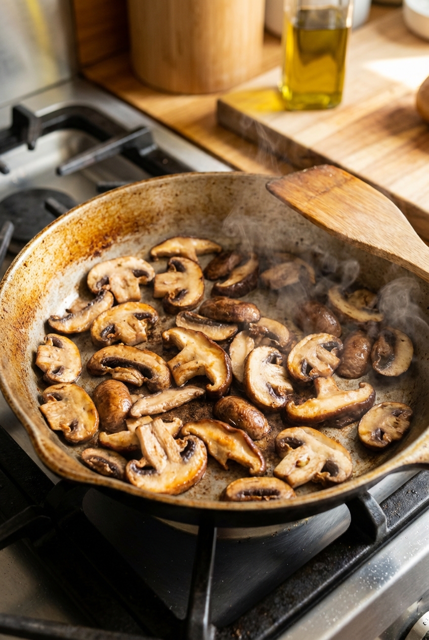 A real photo of mushrooms browning in a wide skillet with visible golden edges and steam rising